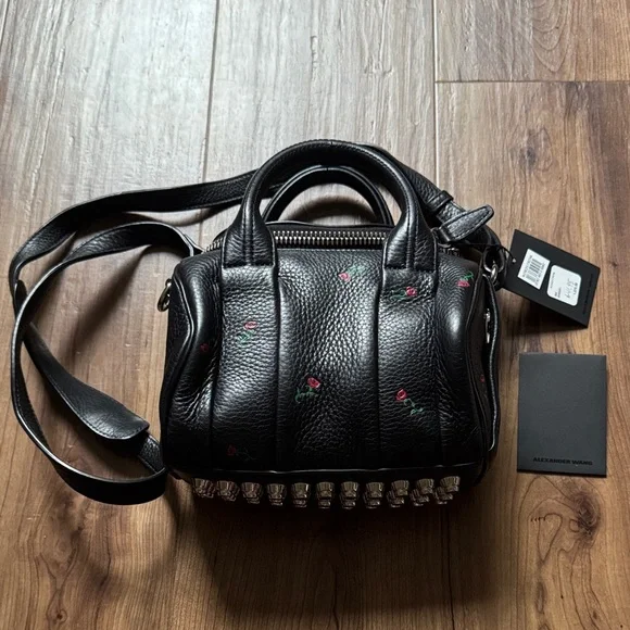 Alexander Wang Mini Rockie shoulder bag in black pebbled leather with rose print - Picture 1 of 5